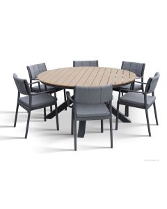 Ruskea pyöreä terassipöytä sekä kuusi harmaata pehmustettua tuolia